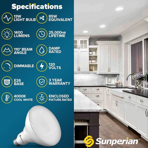 SUNPERIAN BR40 LED Light Bulbs, 13W=85W, 3500K Natural White, 1400 Lumens, Dimmable Flood Light Bulbs for Recessed Cans, Enclosed Fixture Rated, Damp Rated, UL Listed, E26 Standard Base (4 Pack) in Saudi Arabia