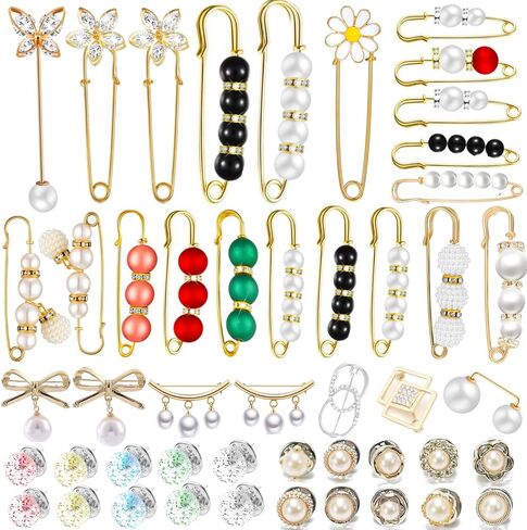 48 Pieces Faux Pearl Brooch Pins Set, 38 PCS Sweater Shawl Safety Pins with 20 PCS Cover up Buttons Pins for Women Girls Dresses Pants Clothing in Kuwait