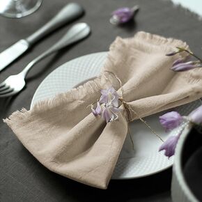 Handmade Cloth Napkins 100% Cotton Napkins with Fringe，Delicate Handmade Cloth Napkins for Dinners, Parties, Weddings and More，18 x 18 Inch Set of 6 - Beige