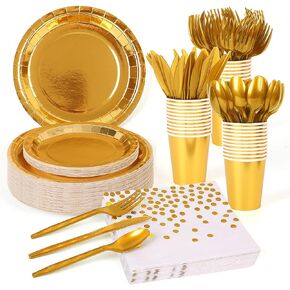 175 Pieces Gold Disposable Party Dinnerware Set - Gold Paper Plates Napkins Cups, Gold Plastic Forks Knives Spoons for 25 Guests in Saudi Arabia