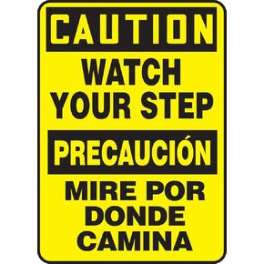Accuform SBMSTF661VP Plastic Spanish Bilingual Sign, "Caution Watch Your Step/PRECAUCION MIRE POR Donde CAMINA", 14" Length x 10" Width x 0.055" Thickness, Black on Yellow