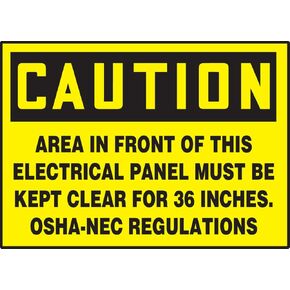 Accuform LELC601VSP Safety Label, Legend "CAUTION AREA IN FRONT OF THIS ELECTRICAL PANEL MUST BE KEPT CLEAR FOR 36 INCHES. OSHA-NEC REGULATIONS", 3.5" Length x 5" Width x 0.004" Thickness, Adhesive Vinyl, Black on Yellow (Pack of 5)