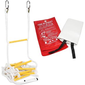 Fire Rope Ladder for Two-Story House 16 ft (5m) | Fire Safety Set Combo | Fireproof Emergency Blanket & Emergency Escape Ladder with Mounting Clips| Ladder for Adults