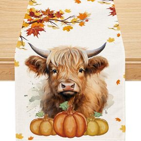 Siilues Fall Table Runner, Cow Pumpkin Watercolor Fall Runner for Table Fall Decorations Seasonal Fall Thanksgiving Holiday Decor for Indoor Outdoor Dining Table Decorations (13'' x 108'')