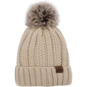 Faux Fur Pom Beanie Hat for Women Fleece Lined Warm Skull Cap Wool Blend Pompom Hat