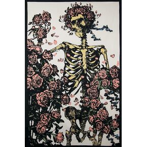 Sunshine Joy Grateful Dead 3D Faded Bertha Skeleton and Roses Tapestry Wall Art Beach Sheet Huge 60x90 Inches - Amazing 3D Effects