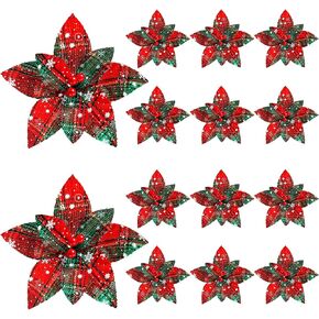 Waydress 12 Pieces Christmas Plaid Poinsettias Artificial Xmas Poinsettias Flowers Ornaments Faux Flowers Picks Decor Wreath for Christmas Tree Party Holiday Decor (Classic Style)