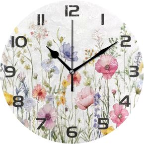Herbal Wildflowers Wall Clock, Silent Non Ticking Battery Operated Creative Decorative Round Clock for Kitchen, Living Room, Bathroom, Home School Office Decor, 10 Inch