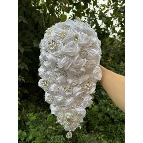 Luxury Cascade Bridal Wedding Bouquet Satin Rose Waterfall Holding Bouquet Artificial Flower Bunch for Bride Bridesmaid(White, 17.3" x 8.7")