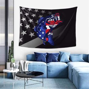 JpnvxiE Bass Fishing USA Flag Tapestry Hippie Art Tapestry For Bedroom Living Room Dorm Party Decor 60x40Inch
