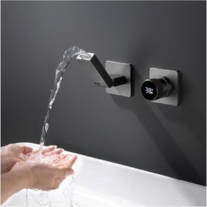 Bathroom Faucet with Temperature Digital Display Wall Mount Faucet with 180° Foldable Spout Single Handle Lavatory Vessel Sink Faucet Bathtub Faucet Tub Filler with Brass Rough-in Valve (Brushed Gold)