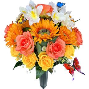 Silk Cemetery Flowers for Grave with Butterfly and Vase, Non-Bleed, Artificial Rose & Sunflower& Cattleya Orchid, Graveside Arrangement, Easy Fit