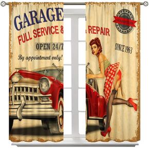 Vintage Car Curtains Vintage Garage Girl 1960S Mechanic Classic Signboard Art Printed Window Drapes for Bedroom Living Room Cafe Decor W21xL45in Decor 30% Blackout