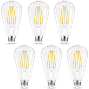 E26 LED Bulb, Non-Dimmable Edison Bulbs 60 watt, 4000K Daylight White, ST58 Vintage Light Bulbs, 90+ CRI, E26 Medium Base, Clear Glass, 6 Pack