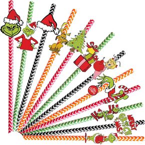 24 Pcs Christmas Paper Straws, Red and Green Theme Disposable Straws for Christmas Party Favors, Christmas Drinking Paper Straws for Christmas Party Decorations, Christmas Birthday Party Supplies