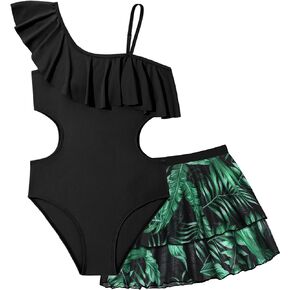 Girls One Piece Swimsuits Tropical Girls Swimsuit with Mesh Skirt Girls Bathing Suit Ruffle Girls' Swimwear 9-16Y