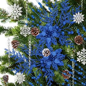 84 Pack Christmas Tree Decorations, Glitter Berry Stems, Acrylic Clear icicles Ornaments, Snowflake Ornaments, Artificial Christmas Flowers, Natural Pine Cones, Xmas Tree Decor (Blue) in Kuwait