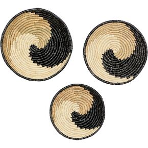Deco 79 Seagrass Plate Handmade Home Wall Decor Spiral Basket Wall Sculpture, Set of 3 Wall Art 20", 18", 16"H, Black