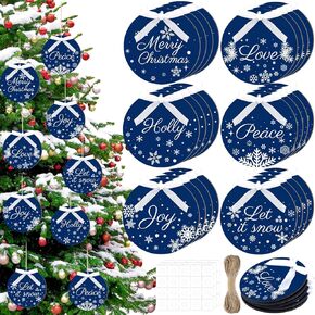 24 Pcs Wooden Christmas Ornaments Blue and White Snowflake Decorations Christmas Tree Hanging Ornaments Navy Blue Snowman Christmas Decor for Christmas Crafts Xmas Trees Door Farmhouse Decor