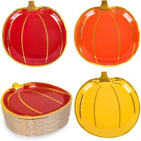 Whaline 48Pcs Fall Pumpkin Paper Plates Foil Gold Pumpkin Shaped Disposable Plates Red Orange Yellow Pumpkins Decorative Tableware for Fall Thanksgiving Party Supplies Autumn Holiday Catering