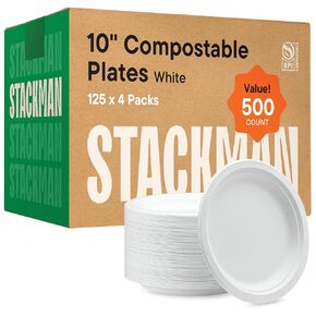 100% Compostable Paper Plates 10 Inch Bulk [500 Count] Heavy-Duty Dinner Plates - Natural White Color Unbleached Bagasse - Eco-Friendly Disposable Biodegradable Sugarcane Plates - [Case 4/125 Pack]