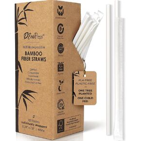 Biodegradable Bamboo Fiber Straws, Compostable Individually Wrapped Straws | 100 Count, 100% Plastic-Free, Eco-Friendly Drinking Straws | 7.8'' Plant Fiber Disposable Straws, White Paper Wrap