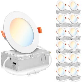 PARMIDA (12 Pack) 4 Inch Dimmable 5CCT Ultra-Thin LED Recessed Ceiling Light with Junction Box, 5 Color Selectable 2700K/3000K/3500K/4000K/5000K, 9W, Canless Wafer Slim Panel Downlight, IC Rated, ETL