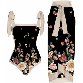 2 Pieces Women One Piece Swimsuit Retro Print Summer Beach Bathing Suit with Maxi Wrap Skirts.(L2)