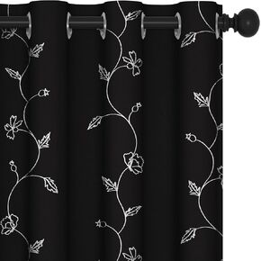 Deconovo Blackout Grommet Curtains with Flower Leaf Foil Print, Black, 52W x 84L