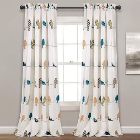 Lush Decor Rowley Birds Light Filtering Window Curtain Panels, Pair, 52" W x 95" L, Multi - Colorful Floral Print - Whimsical & Playful Bird Curtains For Bedroom, Living Room, Or Dining Room