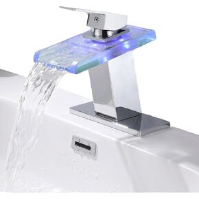 LED Bathroom Sink Faucet Black, Waterfall Faucet with Glass Spout and Temperature-Sensitive LED Lights, Vanity Faucets for Single Hole or 4 Inch Centerset