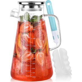 Glass Pitcher with Lid, 68 oz Leak Proof Hot/Cold Water Pitcher, Lemonade, Juice, Coffee, Sun Tea and Iced Tea Pitcher for Drinks, Borosilicate Beverage Carafe Jug