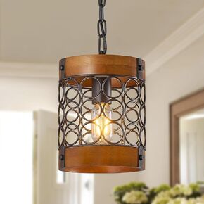 4-Light Wood Rustic Chandelier for Entryway 16.92'' Round Chandeliers for Living Room Hanging Ceiling Light Fixture Farmhouse Pendant Lighting for Kitchen Black and Woodgrain Finish