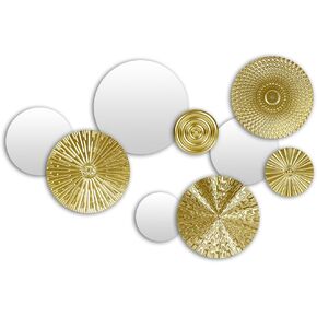 CheeFun 9Pcs Gold Wall Decor Mirror Wall Art Set - Metal Starbursts Circle Plate Round Mirror Wall Decor Sculpture for Living Room Bedroom Hallway Kitchen