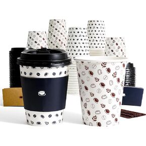 100 Pack 12 oz Paper Coffee Cups, Coffee Cups with Lids, 12 oz Printed Paper Cups with Lids, Disposable Coffee Cups with Lids, Sleeves and Stirrers for Home, Business, Restaurant and Cafe