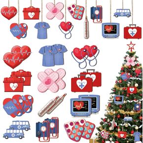 24 Pieces Christmas Nurse Ornaments Christmas Wooden Decor Medical Ornaments Doctor Nurse Gifts Medical Box Coat Ambulance for Christmas Tree Decor Nurse Teacher Gifts in Saudi Arabia