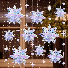 18pcs Winter Christmas Hanging Snowflake Decorations, 3D Holographic Snowflakes for Christmas Winter Wonderland Birthday New Year Party Home Decorations