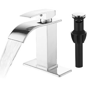 Homvacious Brushed Nickel Bathroom Faucet Waterfall Stainless Steel Single Hole Bathroom Vanity Sink Faucet Single Handle with Pop Up Drain and Deck Plate RV Lavatory Basin Mixer Tap