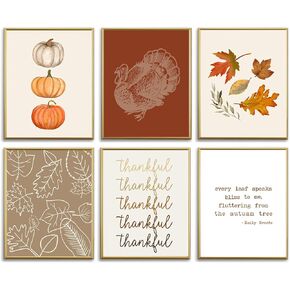 Thanksgiving Fall Wall Art Prints Boho Pumpkin Maple Leaves Art Poster Harvest Seasonal Wall Art Decor for Autumn Thanksgiving Home Gallery Living Room Bedroom