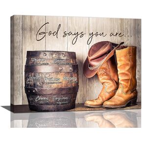 God says you are decor wall art western cowboy canvas Pictures cowboy boots Wall Decor Christian Canvas Prints Painting Framed Artwork for Bathroom living room Bedroom 16"x12"