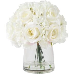 Floral Arrangement with Vase - Realistic Accent with 10 Hydrangeas and 11 Roses in Clear Glass Container with Faux Water by Pure Garden (Cream)