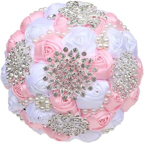 7.9 Inch Handmade Satin Rose Bridal Bouquet Toss Round Wedding Bouquet Throw Toss Artificial Flower Bunch Pink + White
