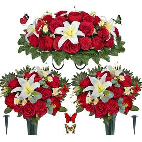 3 Sets Artificial Cemetery Flowers,Christmas Headstone Flower Saddle-Silk Rose and White Lily for Grave Decor,Colorfast and Easy Fit, Vases Included