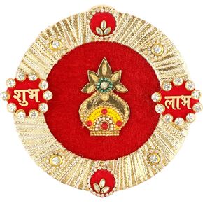 Auspicious Shubh Labh Hanging Round Kalash Door Wall Hanging Wall Toran for Indian Traditional Festival Decoration Handcrafted Valance Showpiece for Home Temple Decor(Size:-4")(Red,Golden)
