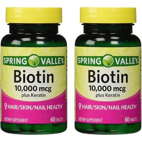 Spring Valley 10000mcg Biotin with 100mg Keratin Dietary Supplement, 60 Tablets (Pack of 2) + Your Vitamin Guide©