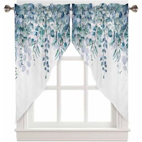 Teal Blue Eucalyptus Leaves Swag Valances for Windows 2 Pack, Botanical Kitchen Window Curtains 36 Inch Length, Spring Floral Swag Curtains for Living Room/Bathroom with Rod Pocket 36"x36"