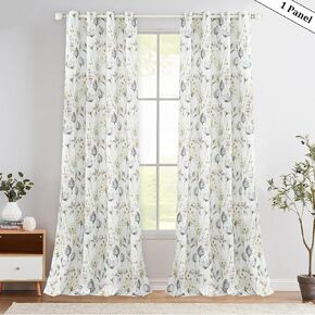 Leeva Print Thermal Insulated Heavy Curtain & Drapes, Simple Country Elegant Watercolor Flower Room Darkening Window Treatment for Patio Sliding Door, 52 x 84, 1 Panel, Grey