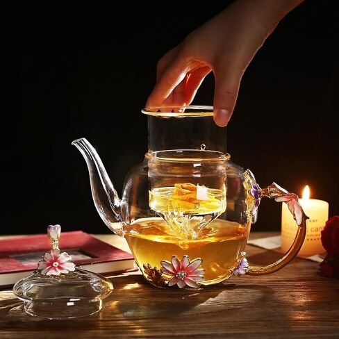 Luka Tech 35OZ Enamel Glass Flower Teapot With Removable Loose Tea Leaf Infuser Tea Maker,Gifts For Women,Mom,Mothers Day,Christmas,Birthday,Valentines Day in Saudi Arabia