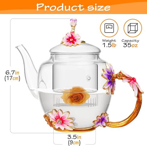 Luka Tech 35OZ Enamel Glass Flower Teapot With Removable Loose Tea Leaf Infuser Tea Maker,Gifts For Women,Mom,Mothers Day,Christmas,Birthday,Valentines Day in Saudi Arabia