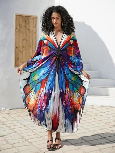 Wave Neck Swimsuit Cover Up Caftan Dress - Plus Size, Oversized, Long Beach Dress in Kuwait